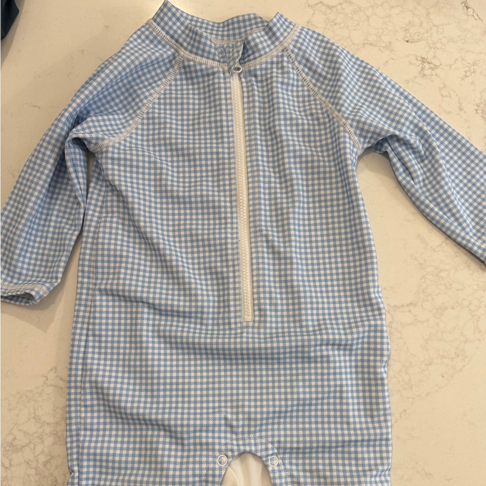 Janie and Jack Light Blue Gingham Bathing Suit